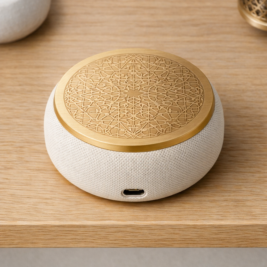 Mini Adhan speaker from above showing laser etched Islamic geometric pattern on gold aluminium cap